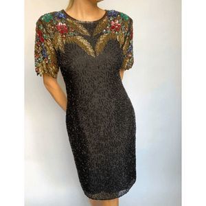 STENAY 🐾 Vintage Silk Bead Sequin Pearls Dress Black Floral Leaf Gold Metallic